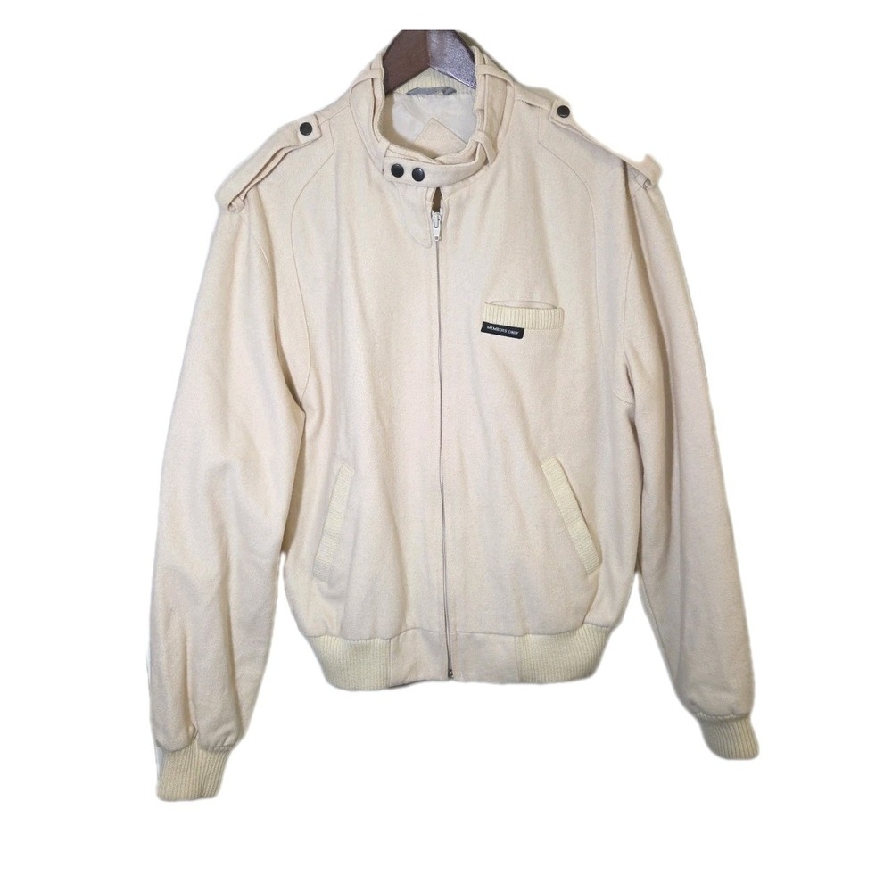 Vtg 1980 Members Only Europe Craft Wool Bomber Racer Jacket Rainbow Ivory Size L